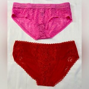 Victoria's Secret Sexy Lacie Red Pink Hiphugger Hipster Classic Pantie Set 2pc M